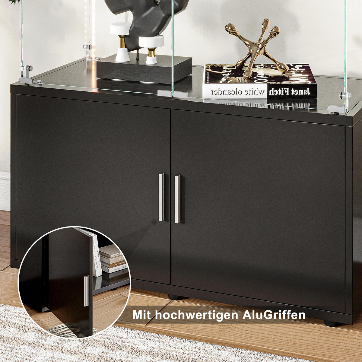 VITRINE mit Doppelglasfront, 3 Glasablagen & zweitürigem Unterschrank, LED-Lichtleiste, Schwarz - Schwarz, Glas/Holz (78.51/164/35cm) - BRILVERDE