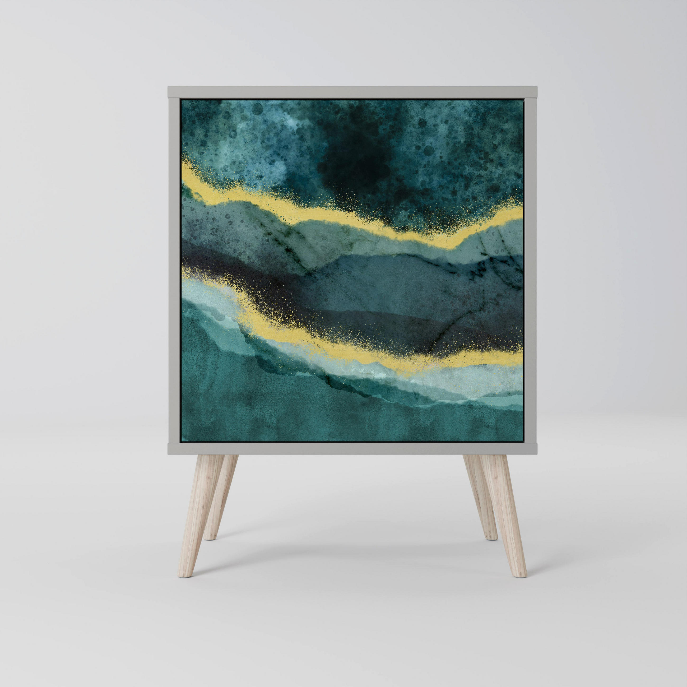 SIDEBOARD GOLDRUSH ODYSSEY, Grau, 57,5x42x77,5 cm, Schräge Buchenholzfüße - Buchefarben/Multicolor, Holzwerkstoff/Buchenholz (57.5/77.5/42cm) - SpaceRebels