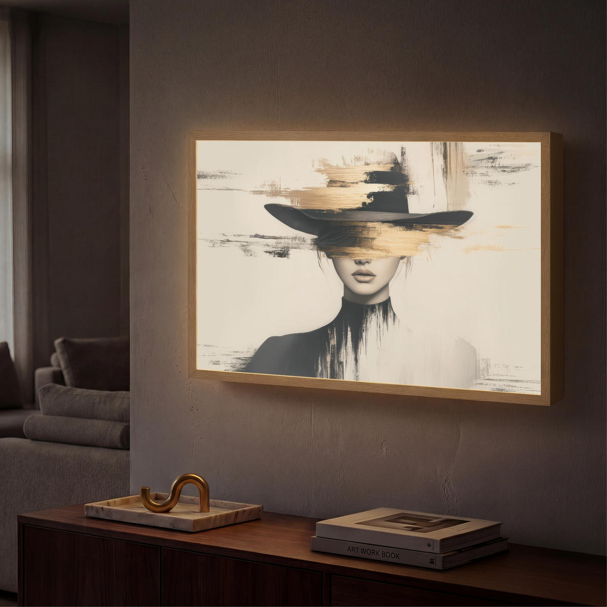 NÁSTĚNNÁ LAMPA S AKUMULÁTOREM Žena - klobouk - barva 60x40 cm - krémová, kompozitní dřevo (60/40/8cm) - OnlyWow