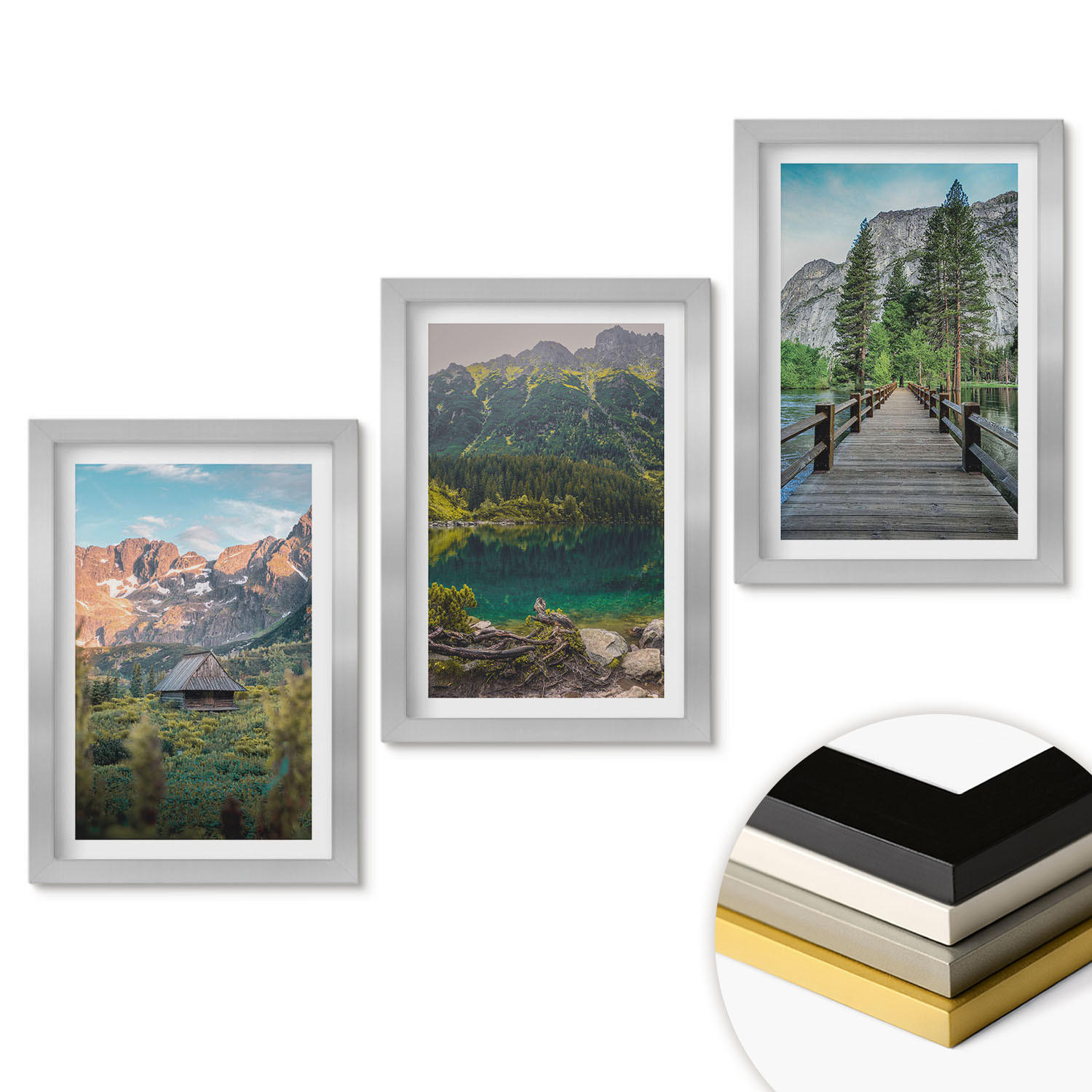 WANDBILDER 3er Set - 20x30 cm Silberner Rahmen - Berglandschaft See Brücke - Silberfarben, Kunststoff (20/30cm) - ArtPrintCave
