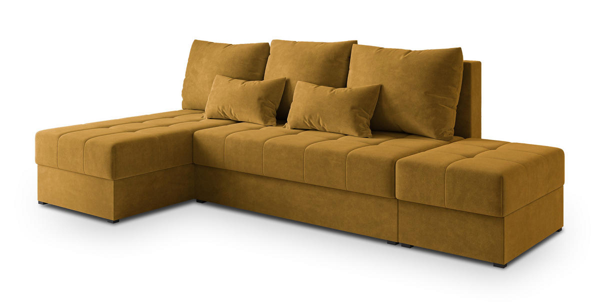 ECKSOFA NORVI Gelb Plüsch-Stoff mit Schlaffunktion - Gelb, Holz (251/143cm) - MASSENO