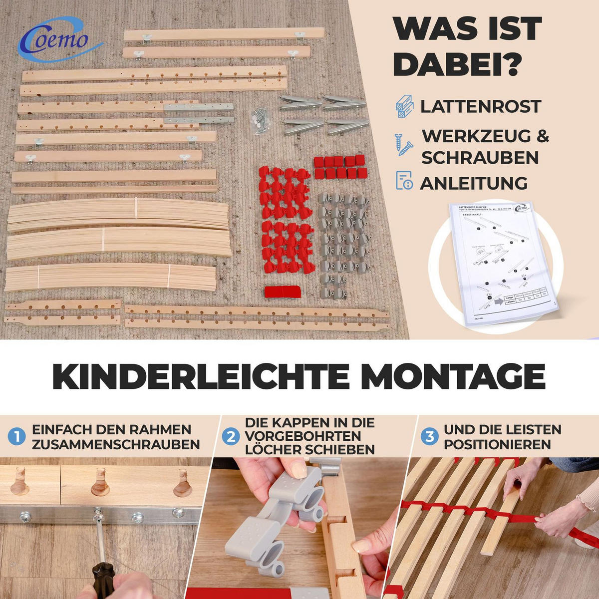 LATTENROST "RUBY" 90x200 cm mit Kopf- & Fußteilverstellung 28 Leisten - Naturfarben, Holz (90/200cm) - Coemo