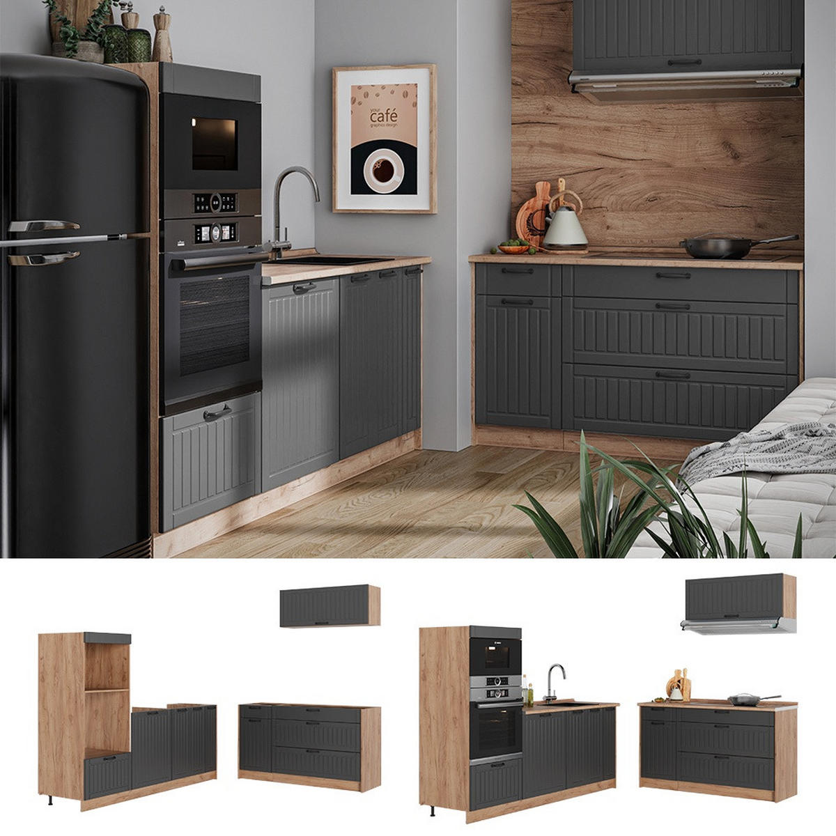KÜCHENZEILE Fame-Line, Dunkelgrau/Goldkraft Eiche, 340 cm, AP Marmor - Honigeiche/Dunkelgrau, Holzwerkstoff (340/153.6/60cm) - Vicco