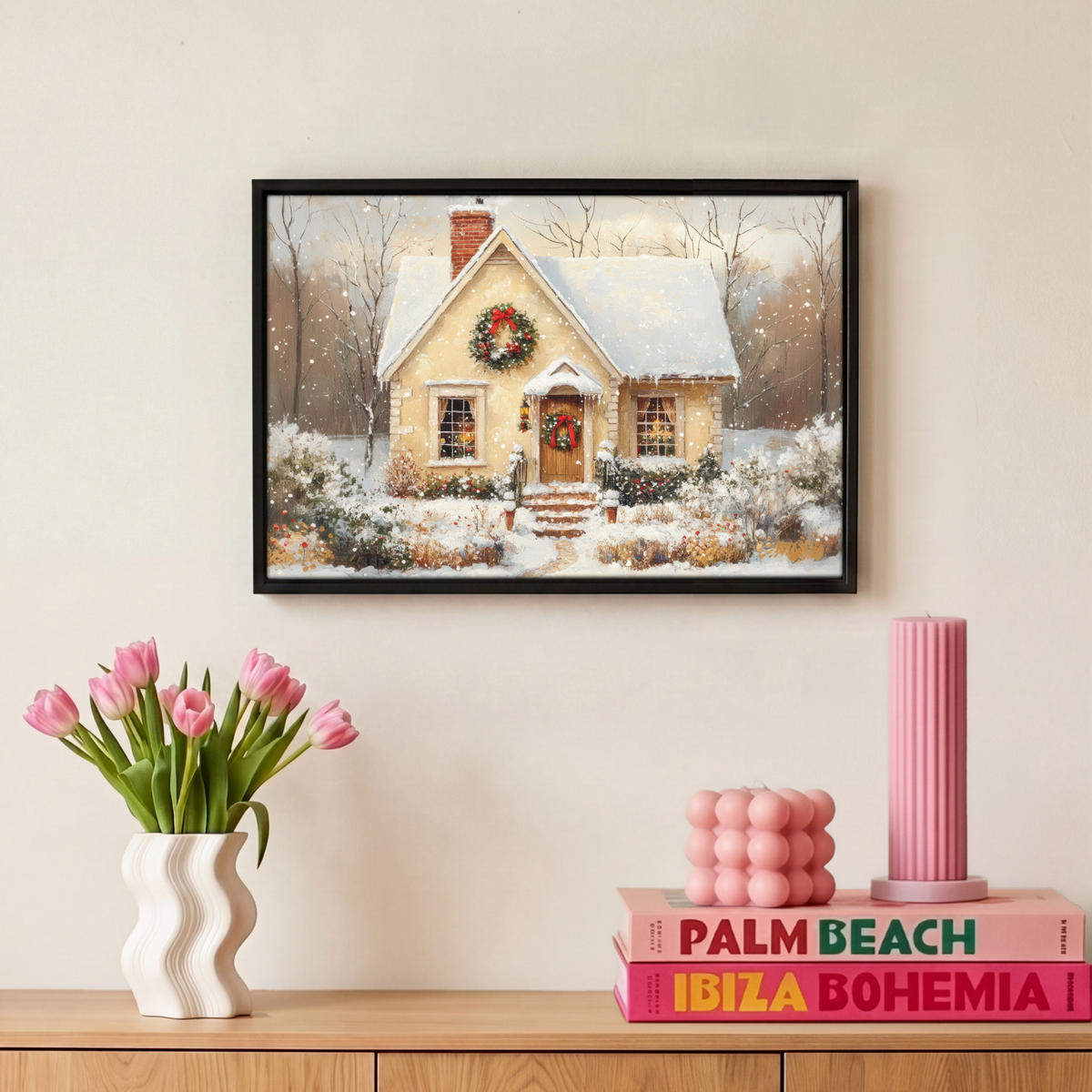 LEINWAND Bilder mit Rahmen - Weihnachten - Zuhause - Winter - Schnee - 30x20 - Creme, Textil (30/20cm) - MuchoWow