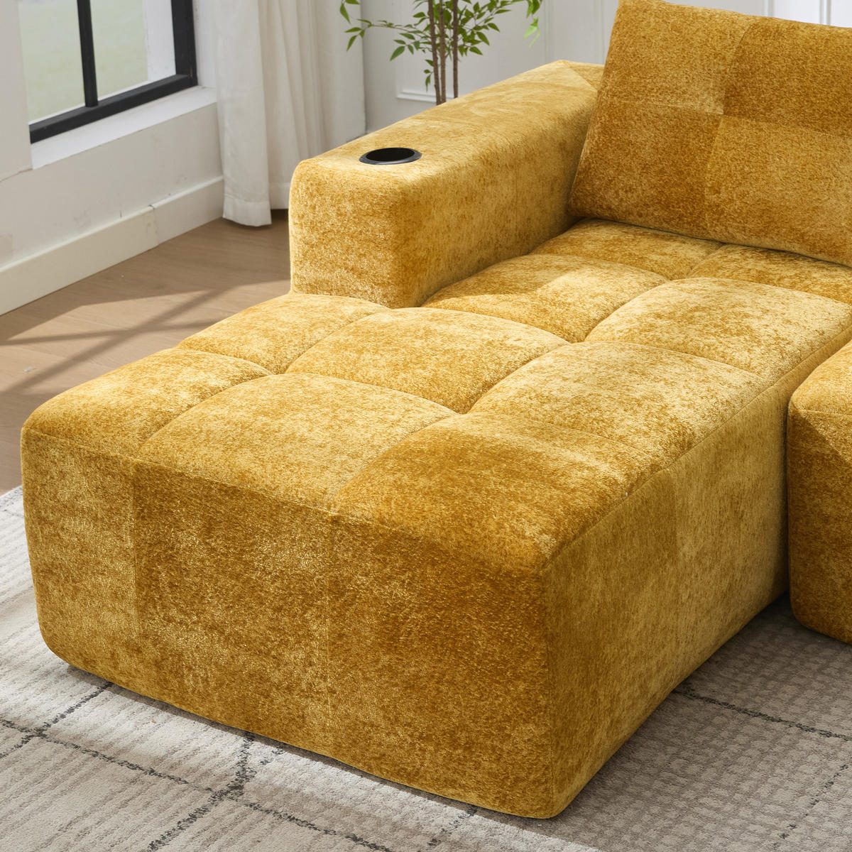 ECKSOFA chenille L-form mit getränkehaltern & 3 kissen - Gelb, Textil (258/163cm) - Urban Meuble
