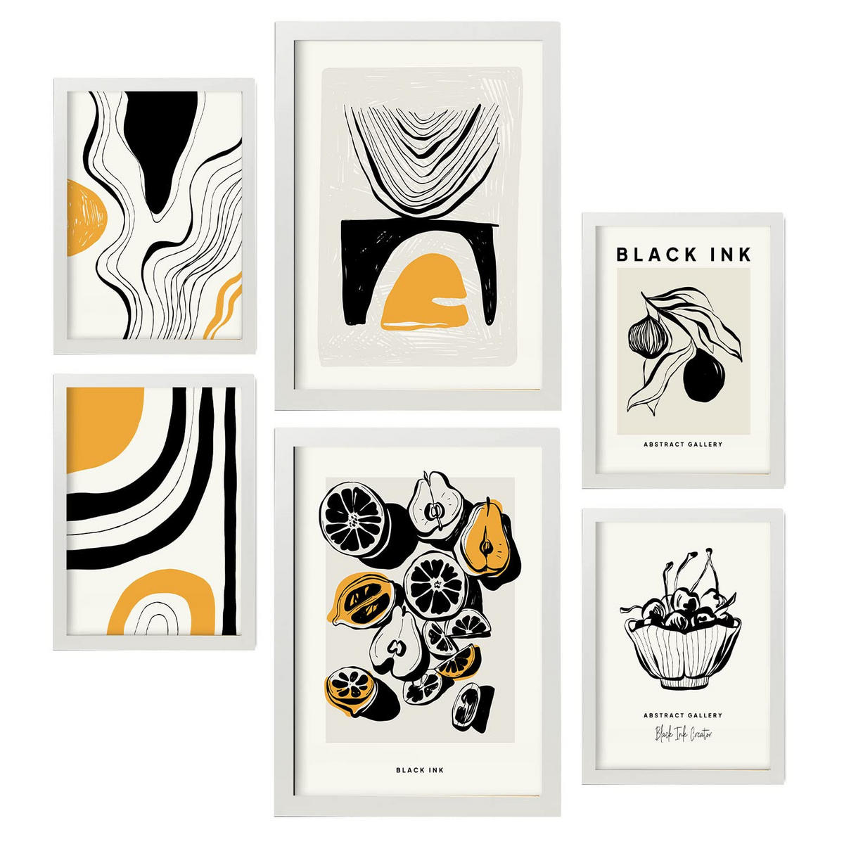 POSTER Set Mit 6 Schwarze Tintenfrüchte Größe A3 & A4 Weißer Rahmen - Weiß, Papier (29.7/1cm) - Nacnic