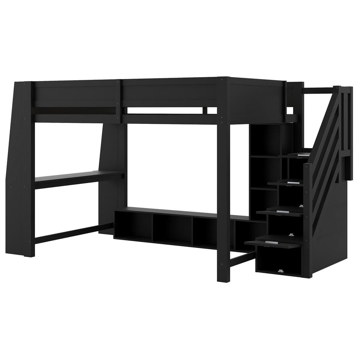 HOCHBETT 140/200 cm in Schwarz mit Schreibtisch, LED und Stauraumtreppe - Schwarz, Holz/Holzwerkstoff (140/200cm) - CHICFURN