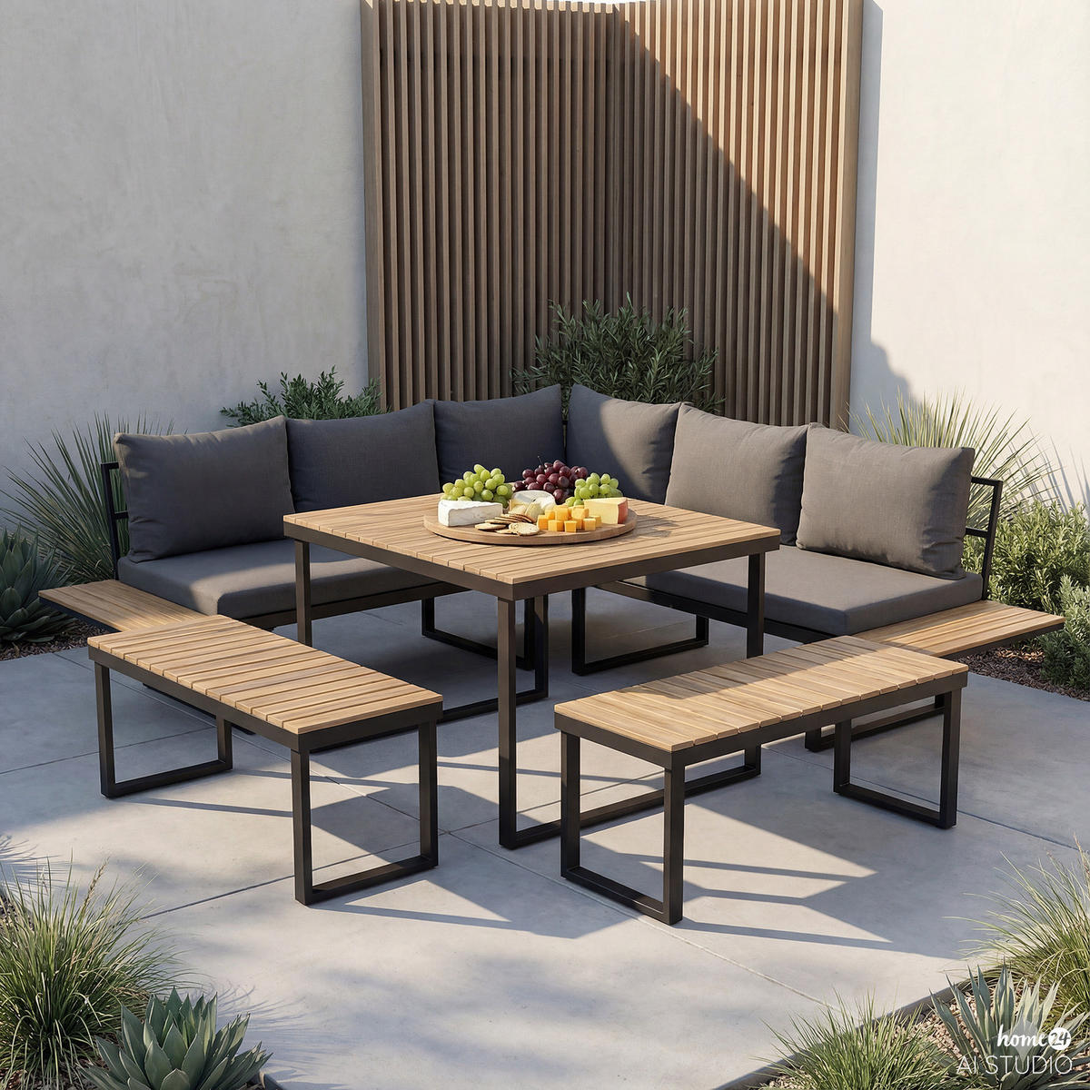 LOUNGESET - 3-teilig - Eisen / Webstoff - Dunkelgrau - Schwarz/Grau, Holz/Metall - home24