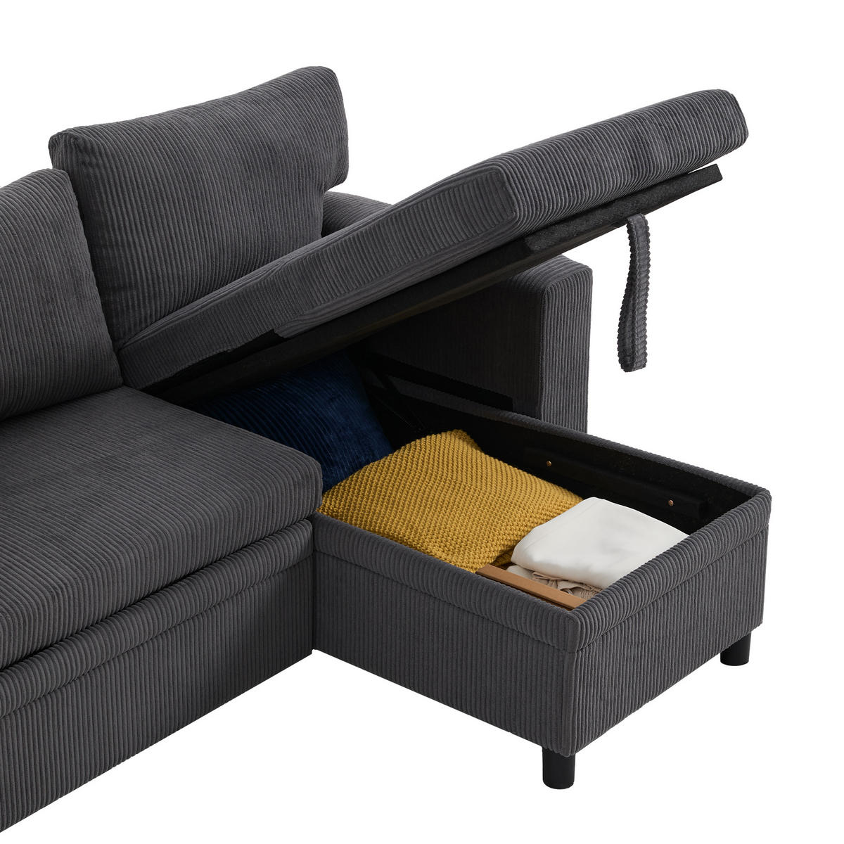 ECKSCHLAFSOFA Cord Dunkelgrau mit Stauraum, USB und Typ-C - Grau, Holzwerkstoff/Kunststoff (231/131.5cm) - WISHDOR