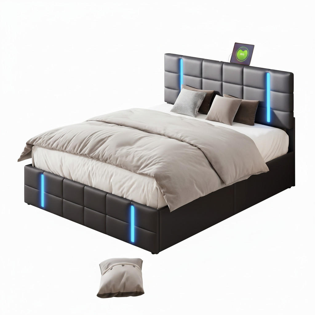 DOPPELBETT 140/200 cm mit LED-Beleuchtung,Kunstleder - Schwarz, Holz (140/200cm) - PARAFTA HOME