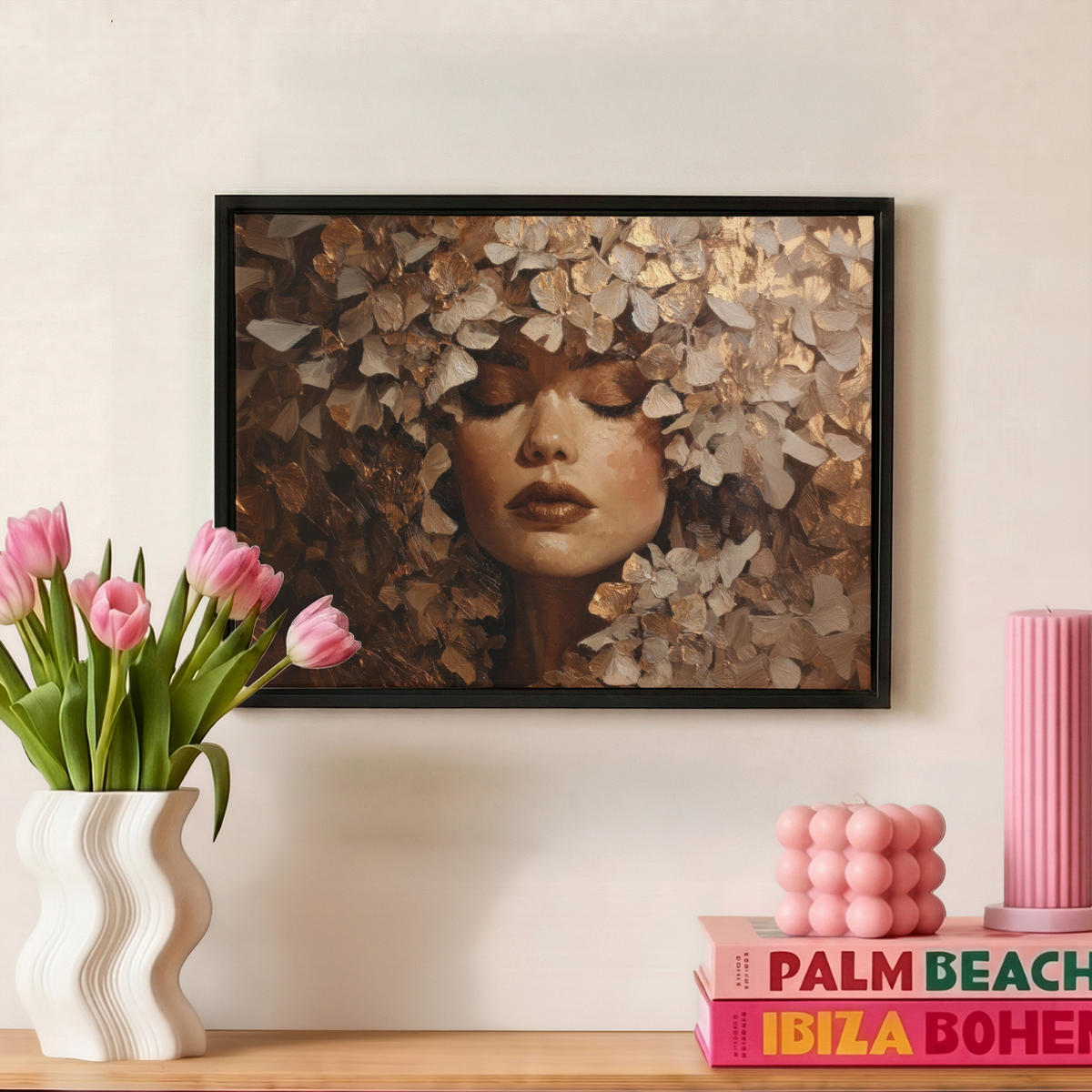 LEINWAND Bilder mit Rahmen - Gesicht - Dame - Blätter - Pinselstriche - 40x30 - Goldfarben, Textil (40/30cm) - MuchoWow