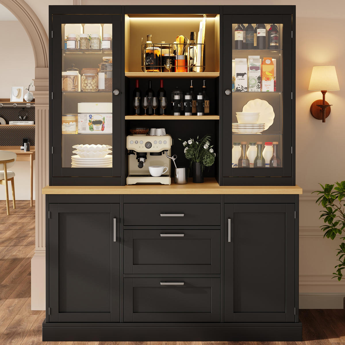 KÜCHENSCHRANK LED App 185x140x40Cm Arbeitsplatte - Schwarz, Holzwerkstoff (140/185/40cm) - FLIEKS