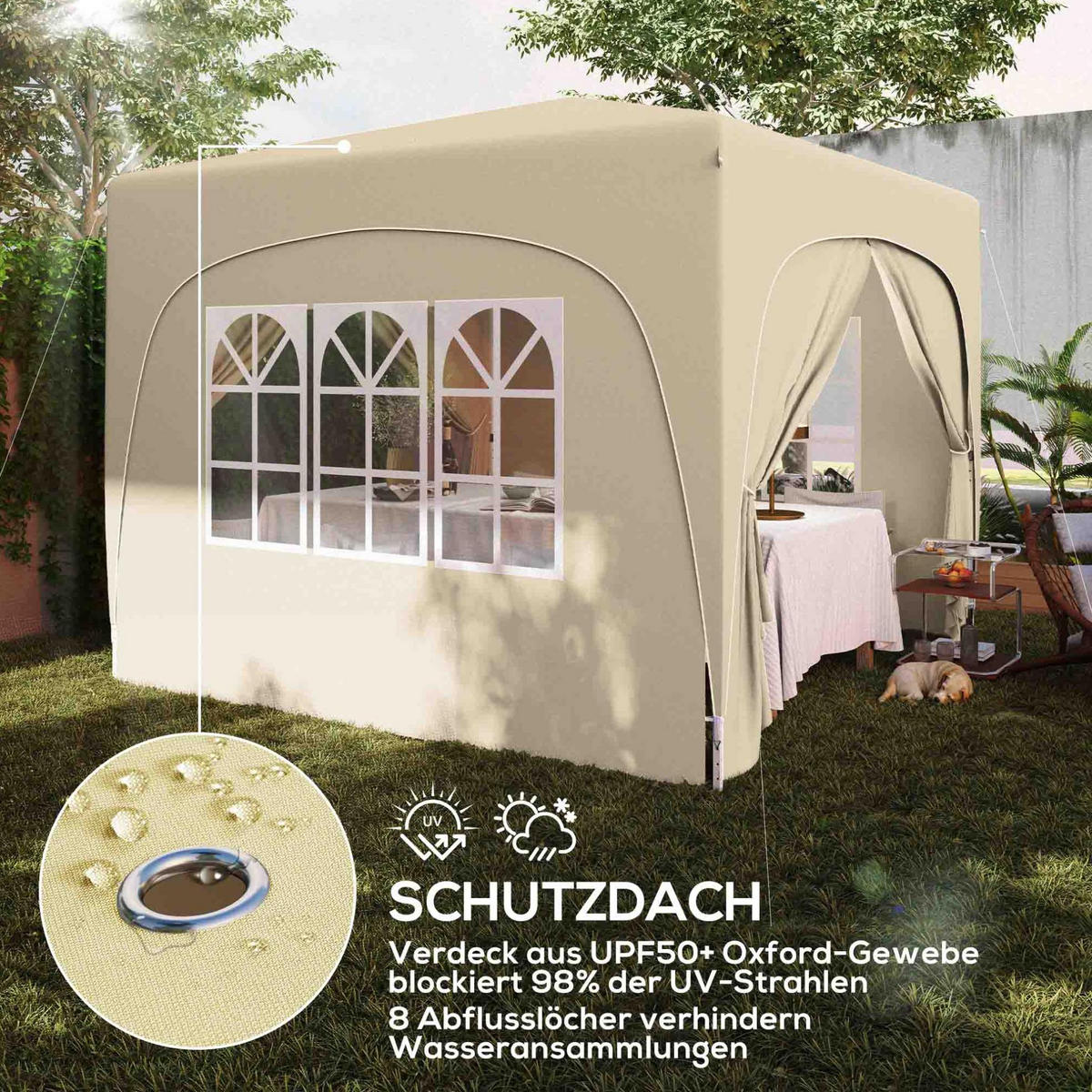 FALTPAVILLON 300/300/273 cm mit 4 Seitenteilen, UV-Schutz und höhenverstellbarem Gestell, Sand - Beige, Textil (300/273/300cm) - Redom