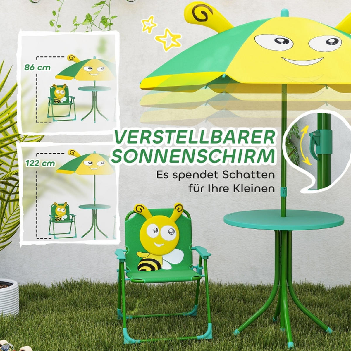 KINDER-GARTENMÖBEL4 tlg Kinder Gartenmöbel Bienen-Design 49,5x49,5x50cm Mit Sonnenschirm - Grün, Textil - Raelunyi