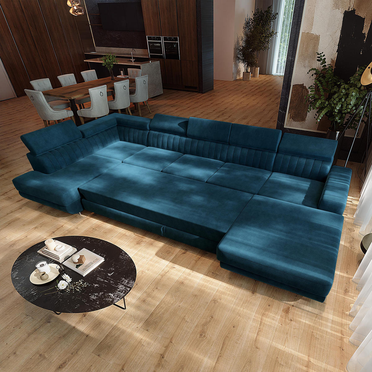 WOHNLANDSCHAFT GAIAN Blau Velours-Stoff mit Schlaffunktion - Blau, Holz (412/88/190cm) - MASSENO