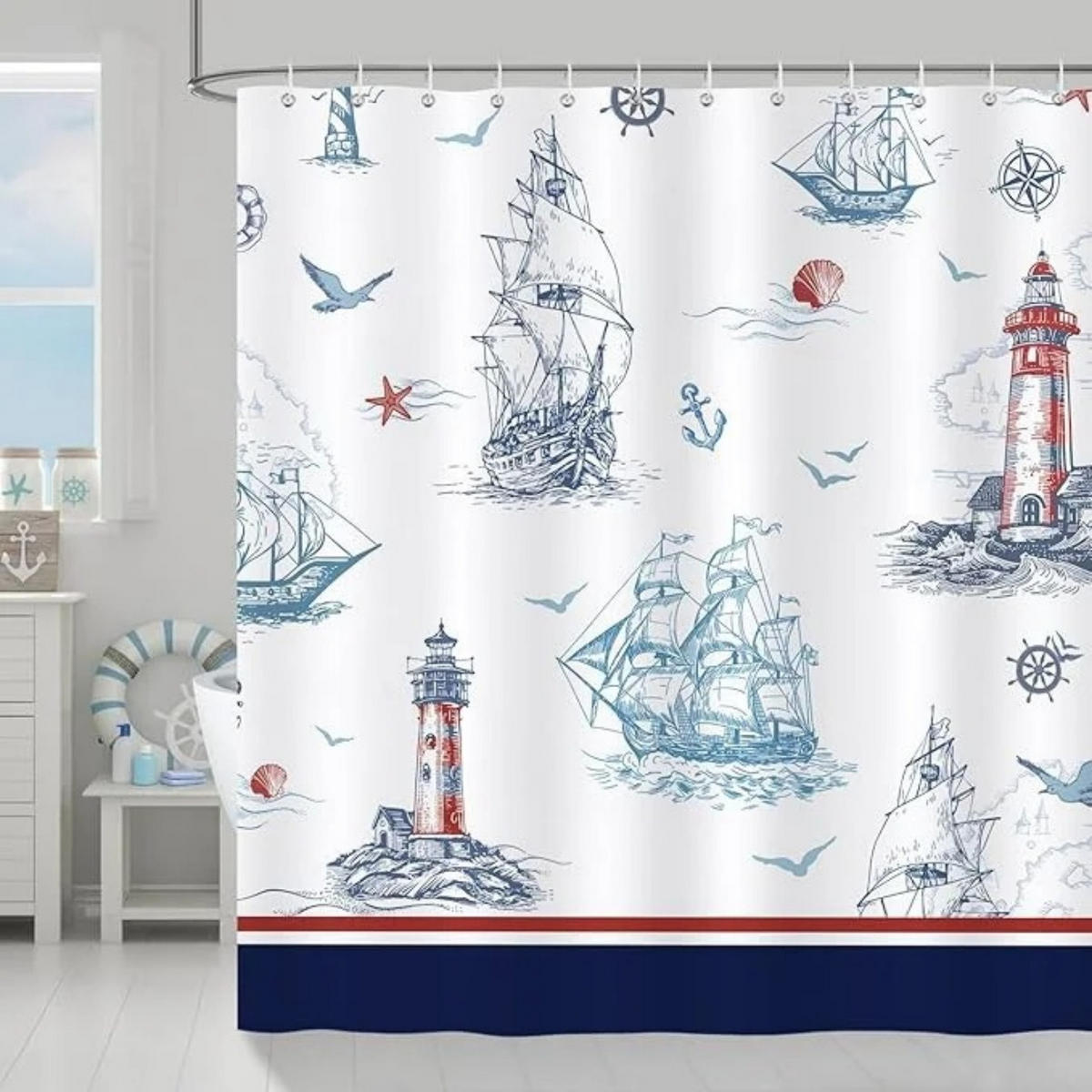 DUSCHVORHANG Blau nautisch Segelboot Leuchtturm schimmelresistent wasserdicht waschbar mit Haken - Weiß, Textil (180/180cm) - MCBOSON