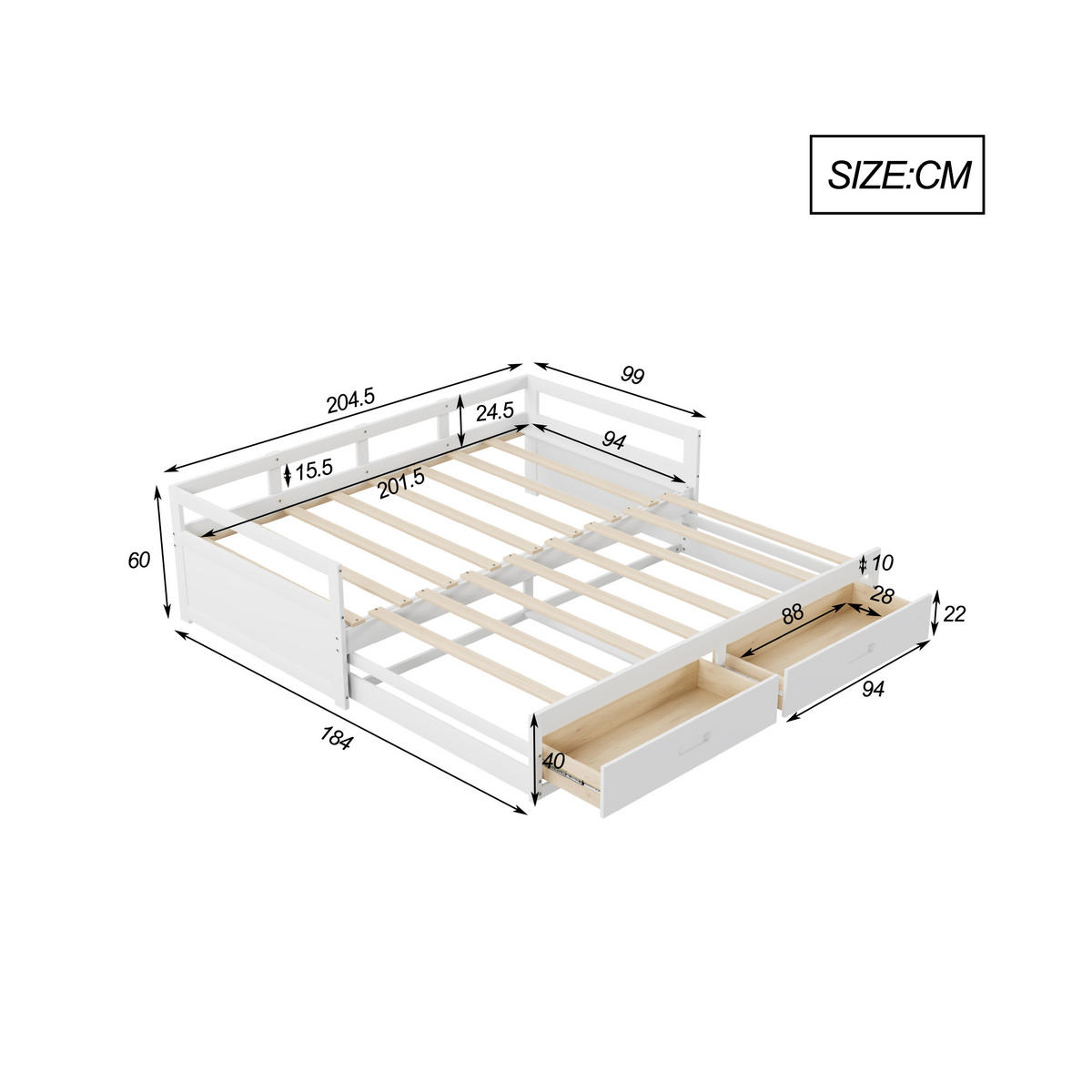 BETT ausziehbar mit Stauraum Kiefernholz weiß 90/200 cm - Weiß, Holz (90/200cm) - OKWISH