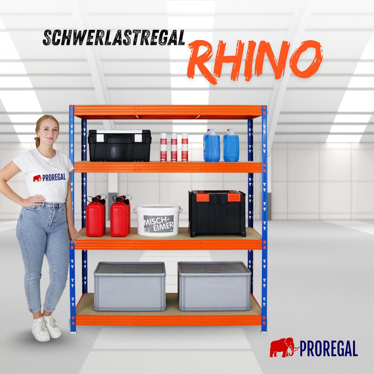 SCHWERLASTREGAL Rhino 180x160x60 cm 4 Spanplatten-Ebenen 16mm Fachlast 500 kg Blau/Orange - Blau/Orange, Metall (160/180/60cm) - PROREGAL