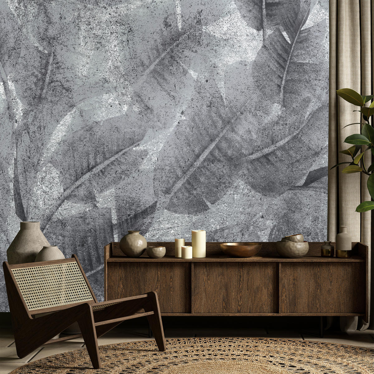 FOTOTAPETE für Wohnzimmer Abstraktion Blätter Beton Vintage Grau 300x210 - Grau, Papier (300/210cm) - Muralo