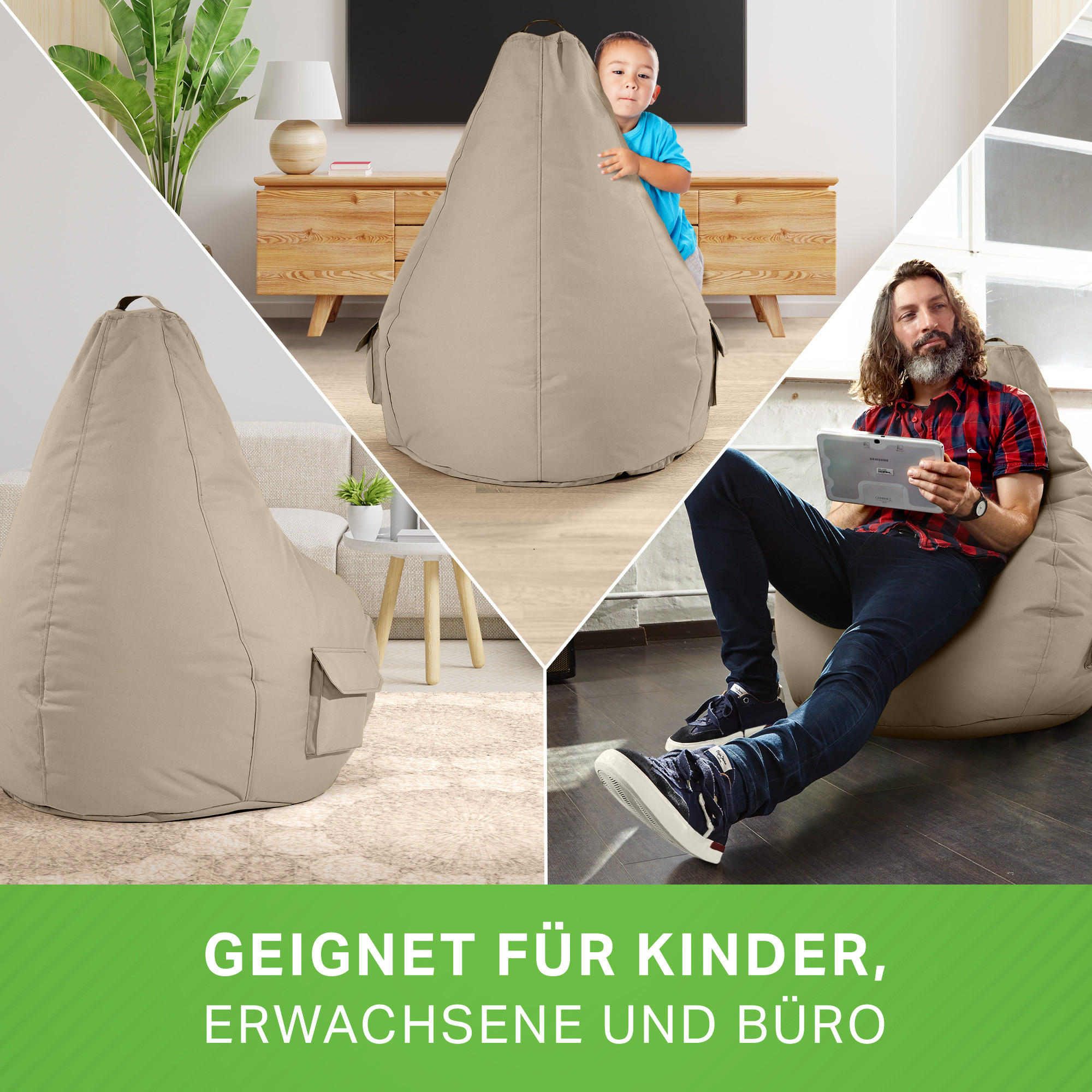 Thumbnail - Green Bean Sitzsack, Taupe, Textil, Füllung: Styroporkugeln, Oval, 70x90x80 cm, Hergestellt in Deutschland, Wohnzimmer, ...