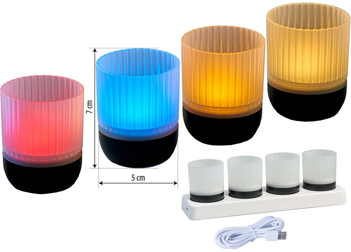 LED-AKKU-LOUNGE-LIGHTS - kabellos mit Touchsensor für Innen und Außen, RGBW Flackereffekt, 4er-Set - Schwarz, Kunststoff (5/5/7cm) - Northpoint