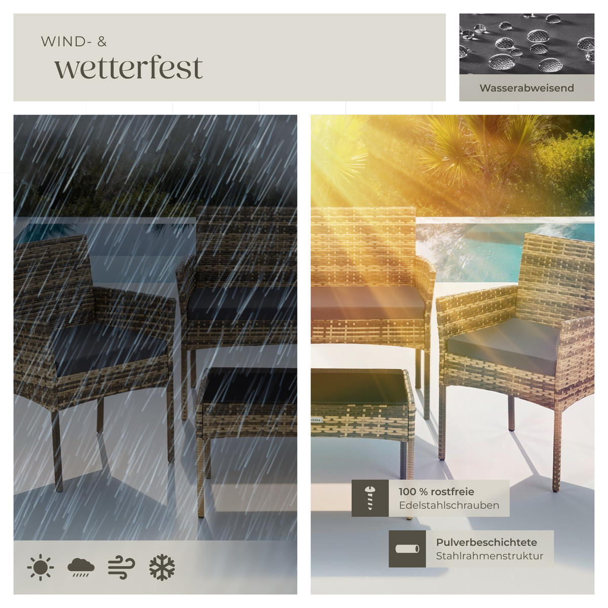 RATTAN GARTENSET Palese,Sofa 250 kg, je Sessel 120 kg,natur - Naturfarben, Kunststoff - tectake