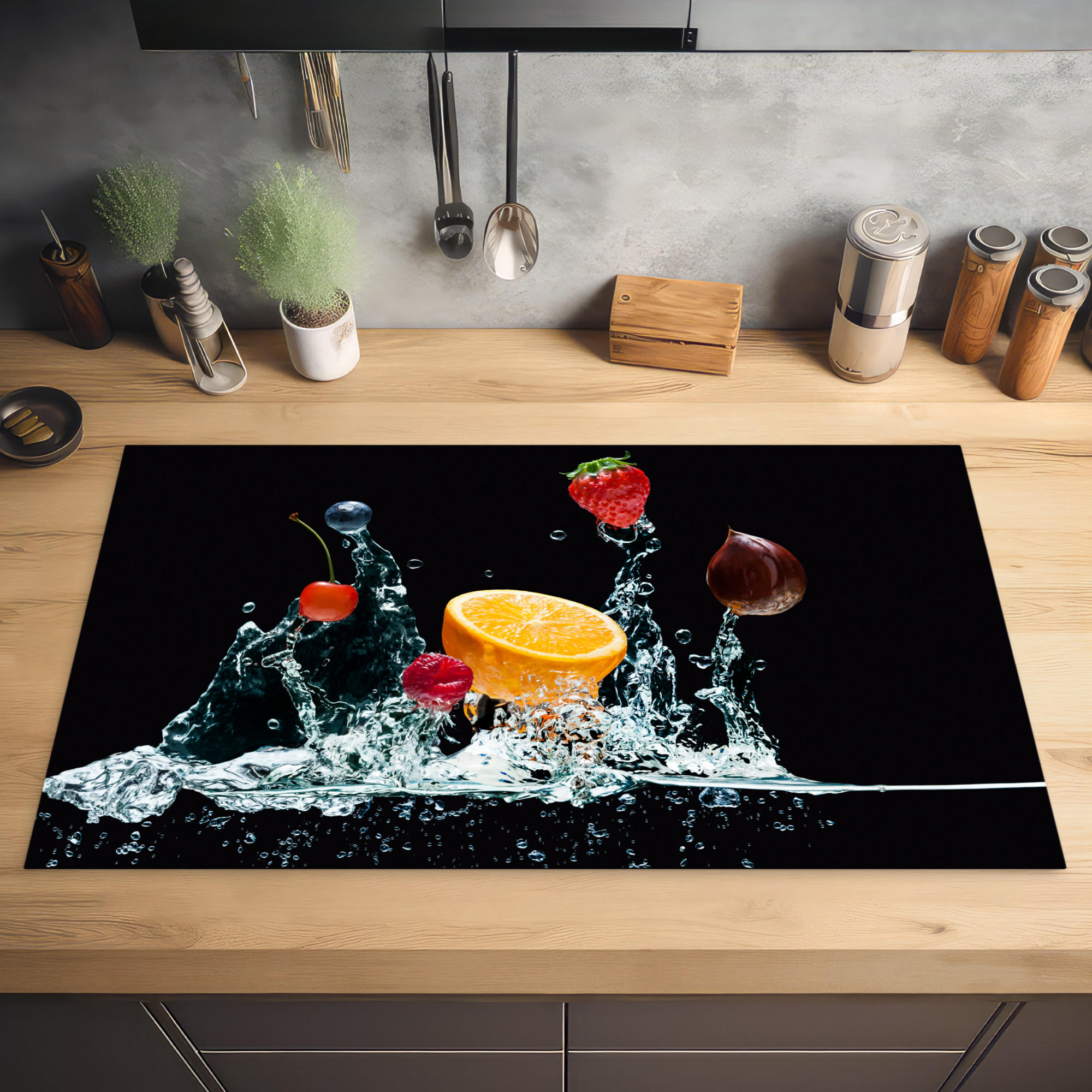 HERDABDECKPLATTE Wasser - Obst - Orange - Erdbeere - Kirsche - Schwarz 89x51 cm - Orange, Kunststoff (89.6/0.2/51.6cm) - MuchoWow