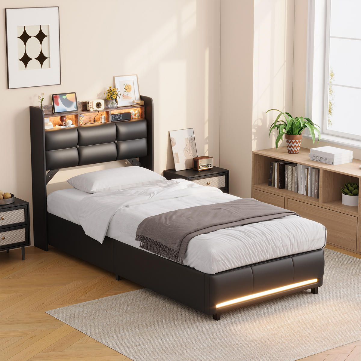 POLSTERBETT 90x200 cm PU mit RGB-LED, Stauraum und Ladefunktion - Schwarz, Holz (90/200cm) - SHOPENTRA