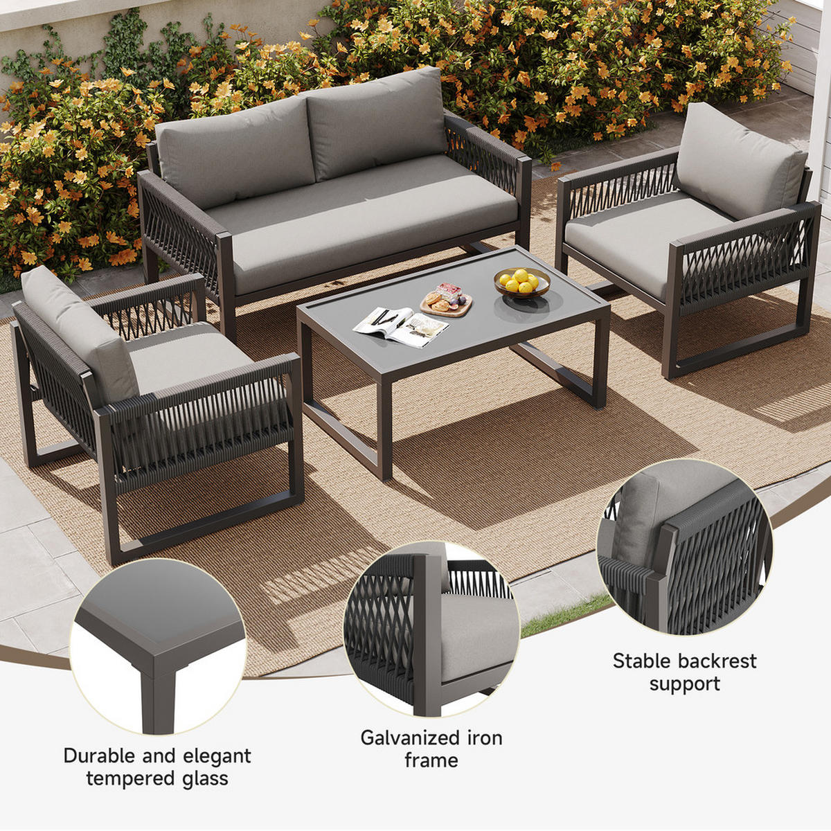 LOUNGESESSEL Set aus grauem Seil mit Eisenrahmen Glastisch Sitzkissen verstellbare Füße Gartenmöbel Set 4teilig Grau - Grau, Metall