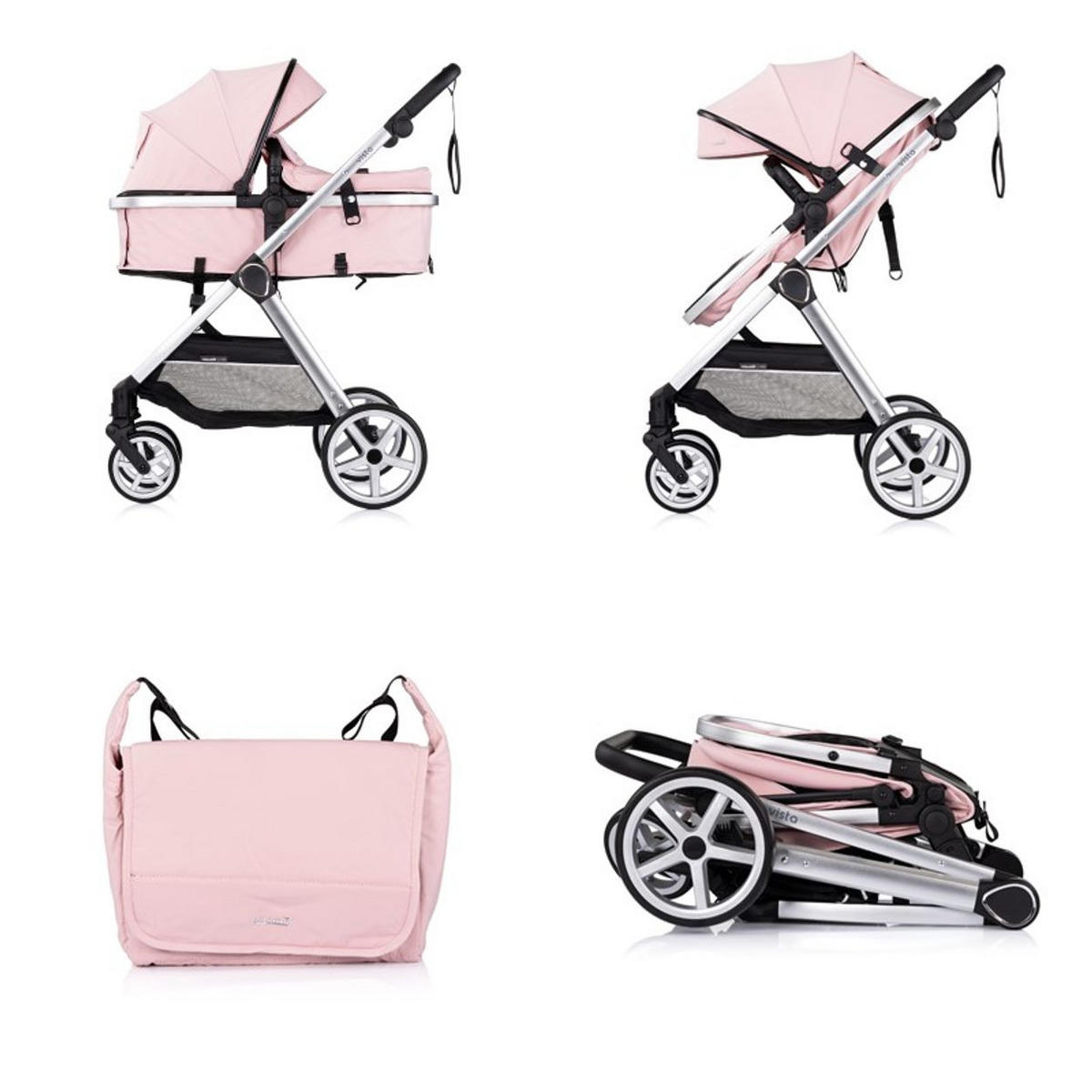 KOMBIKINDERWAGEN 2 in 1 Vista rosa Wickeltasche, Fußabdeckung, Korb, Gurt - Rosa, Metall (90/63/108cm) - Chipolino