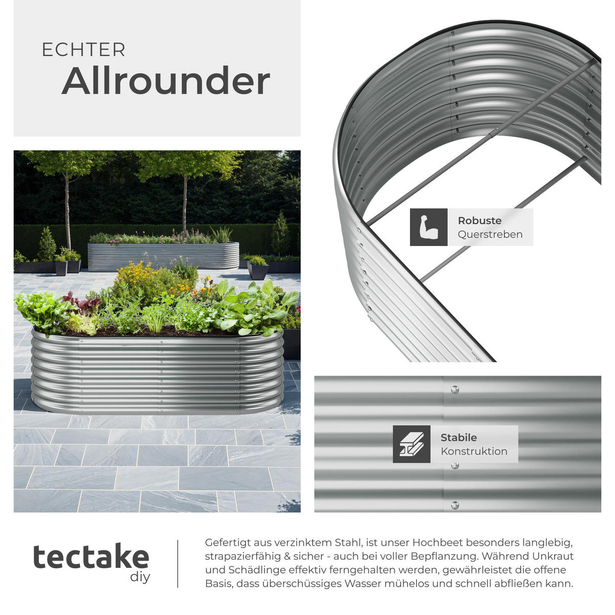HOCHBEET Flormma,200 x 100 x 60 cm,silber - Silberfarben, Metall (200/60/100cm) - tectake