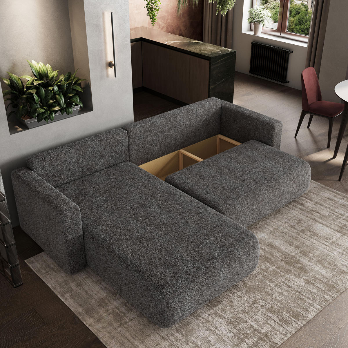 ECKSOFA TURIN N Grau Bucle-Stoff mit Schlaffunktion - Grau, Holz/Kunststoff (265/183cm) - MASSENO