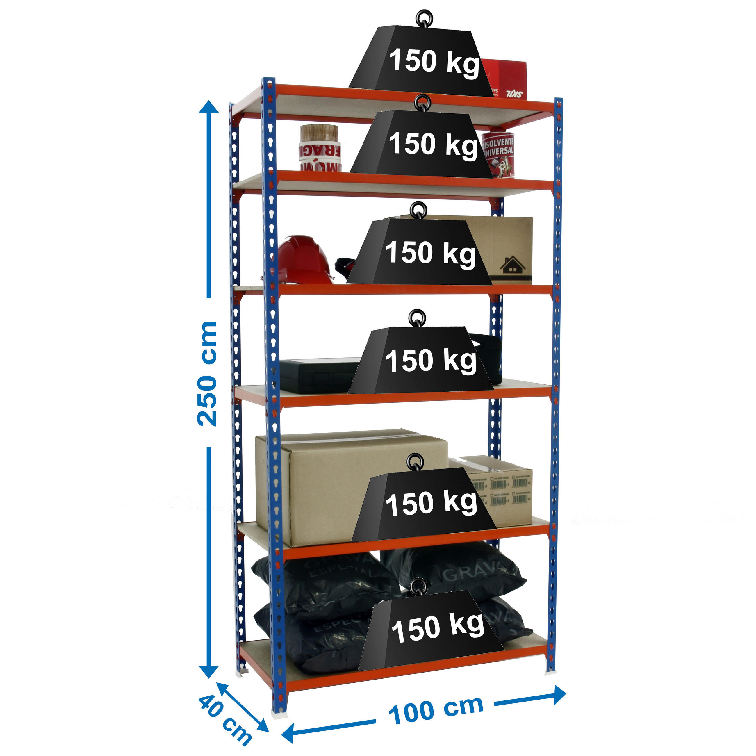 SCHWERLASTREGAL Giant Muli HxBxT 250 x 100 x 40 cm 6 Fachböden Fachlast 150 kg Blau-Orange - Gelb, Metall (100/250/40cm) - PROREGAL