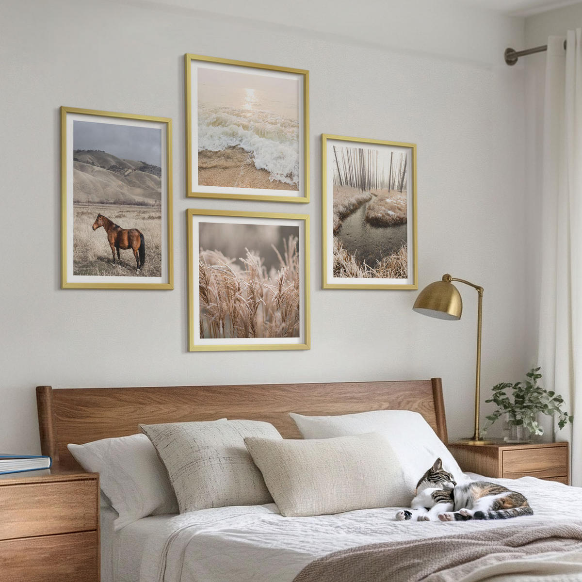 BILDER SET 4er Set - 50x50 cm & 40x60 cm Goldrahmen - Pferdelandschaft Seegraswald - Goldfarben, Kunststoff (50/50cm) - TULUP