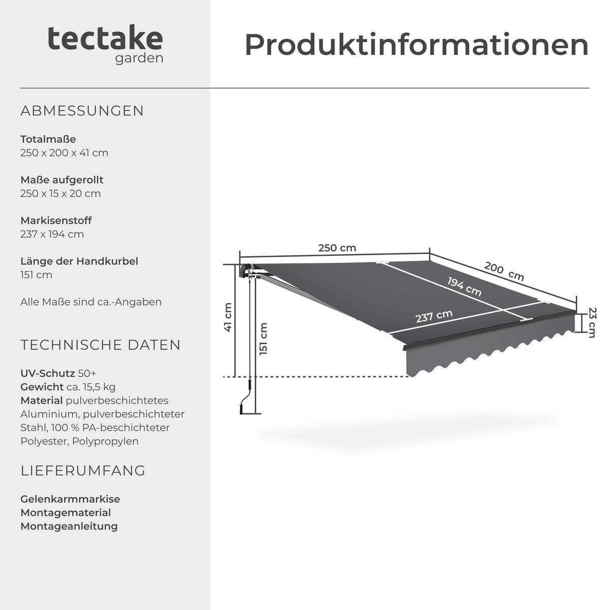 GELENKARMMARKISE Ornella,inkl. Wandhalterung,dunkelgrau - Dunkelgrau, Kunststoff (250/41/200cm) - tectake