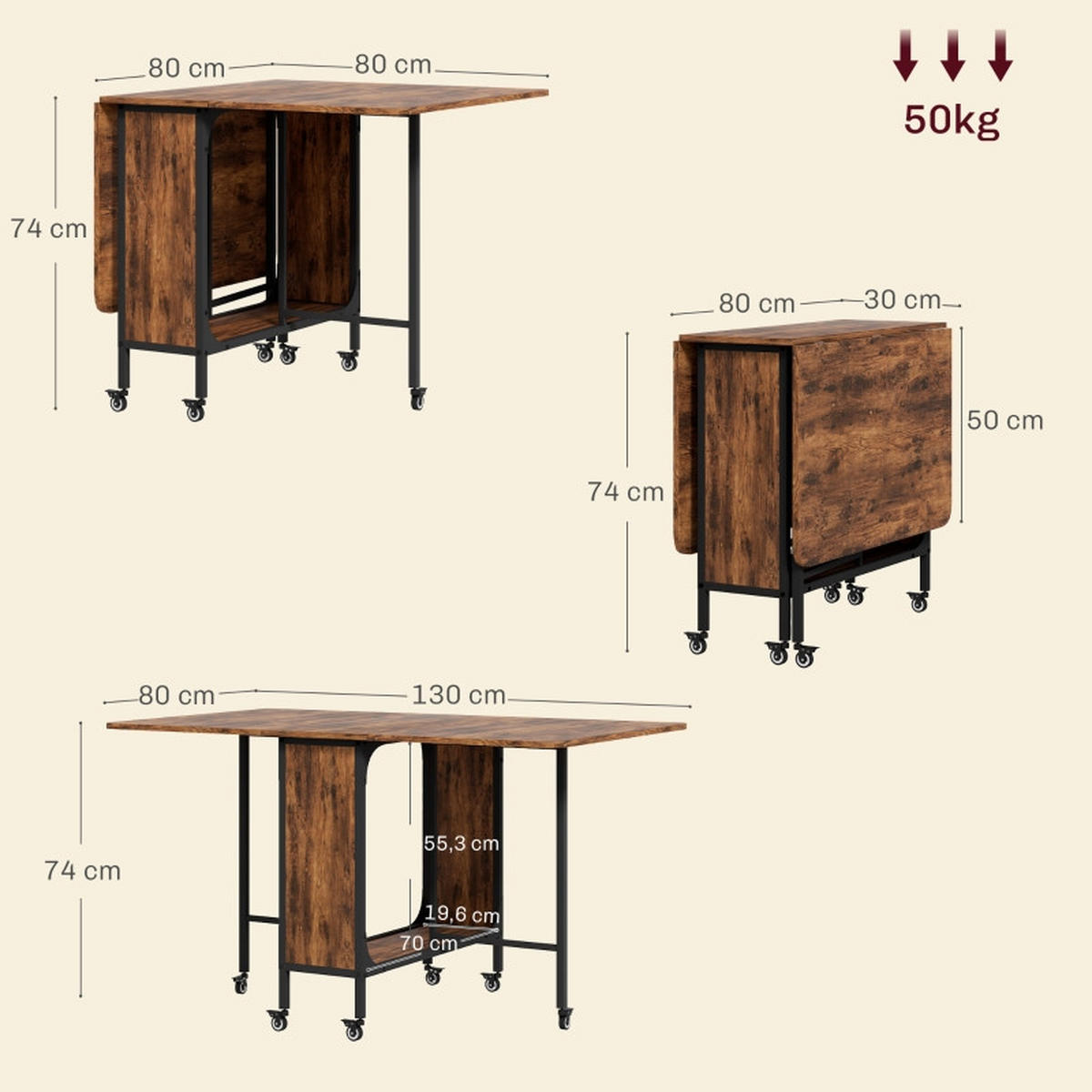 KLAPPTISCH 130/80/74 cm mit Rollen für 6 Personen DE-39918 Rotbraun - Braun, Holzwerkstoff (80/130/74cm) - ComfortXL