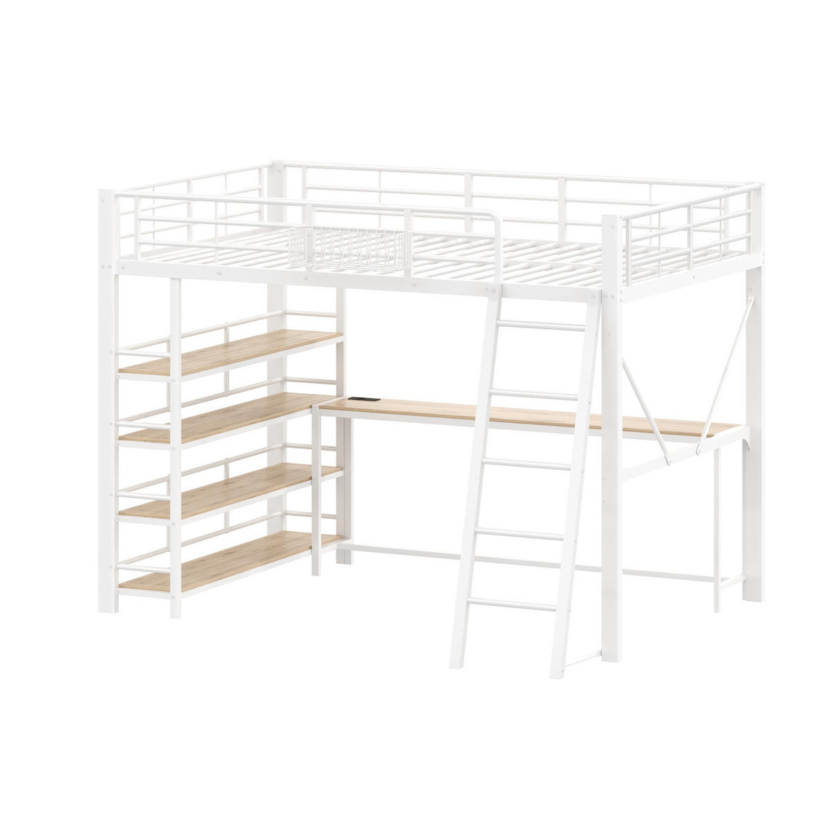 HOCHBETT aus Metall und MDF 140x200 cm Weiß mit Schreibtisch, LED-Beleuchtung, Regal und Aufbewahrungskorb - Weiß, Holzwerkstoff (140/200cm) - Modfu