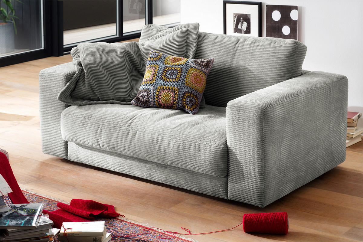 LOVESEAT MADELINE Hellgrau Cord - Hellgrau/Schwarz, Kunststoff/Textil (170/86/127cm) - KAWOLA