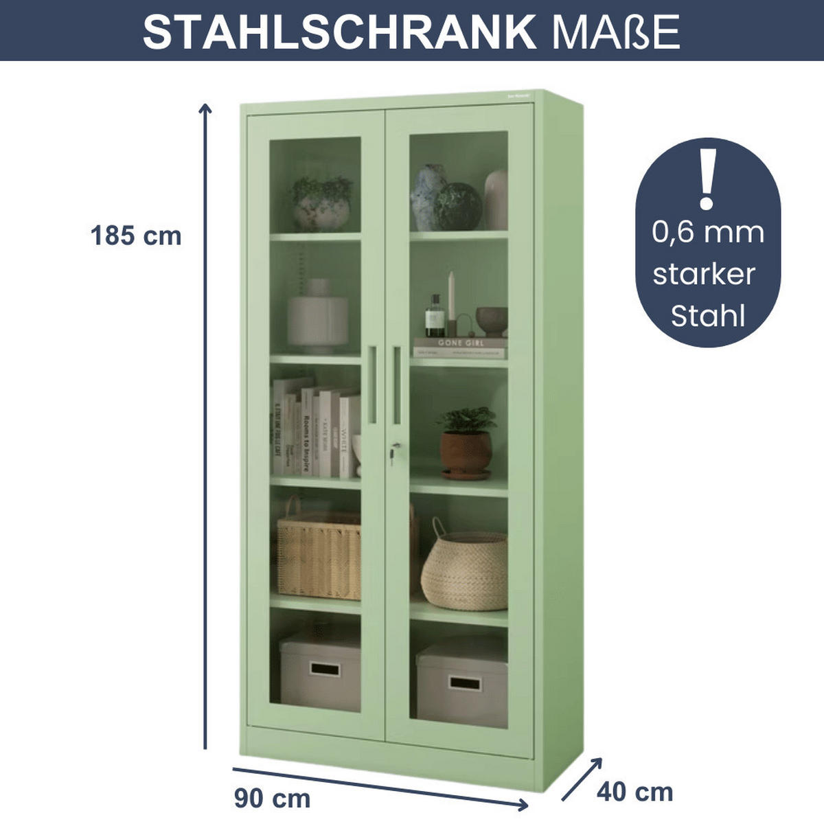 VITRINENSCHRANK abschließbar ELLO mit Glastüren 185x90x40cm Pastellgrün - Pastellgrün, Metall (90/185/40cm) - DELUKE