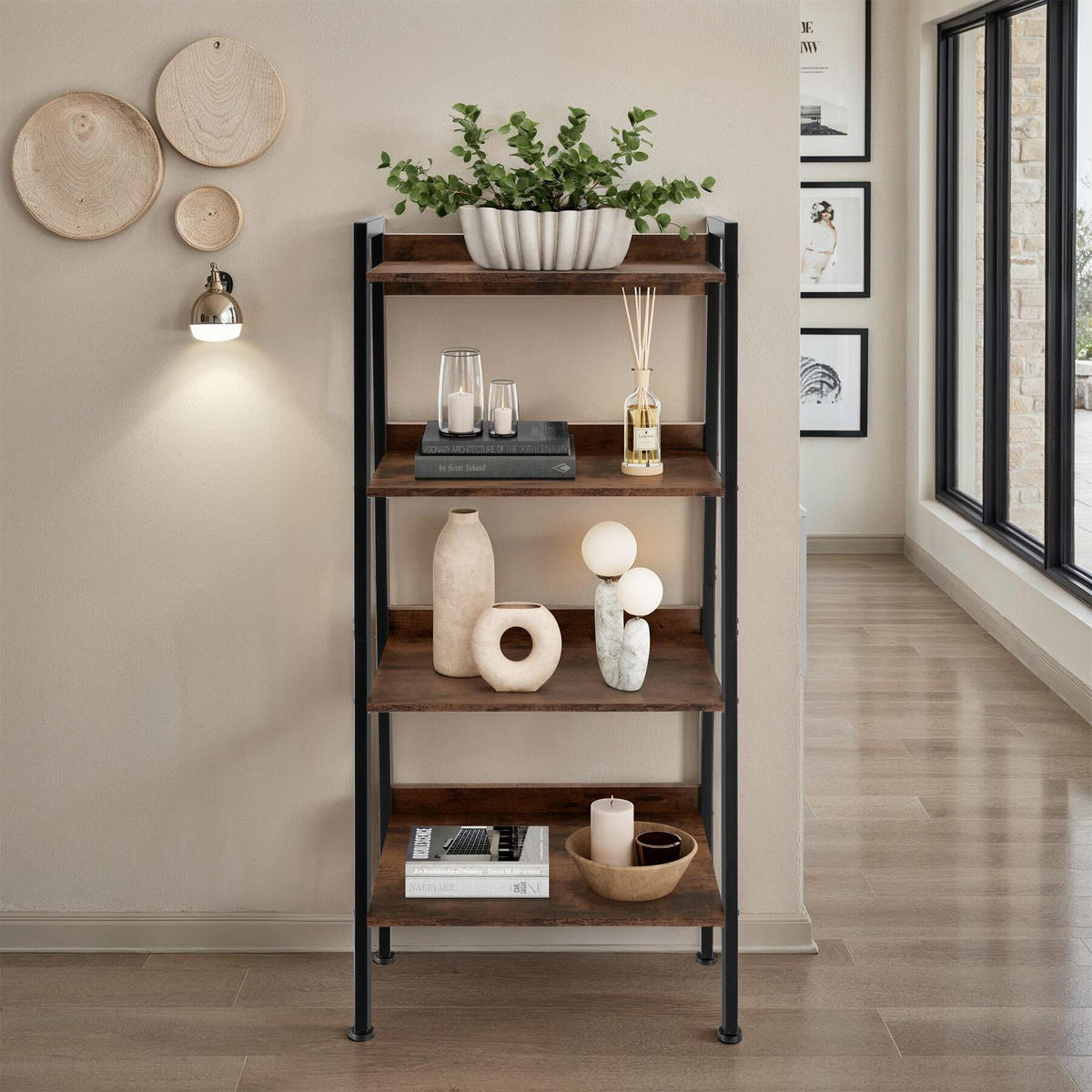 LEITERREGAL Chatham,inklusive Kippschutz, 57,5 x 34 x 138 cm,Industrial Holz dunkel, rustikal - Rostfarben, Holzwerkstoff (34/138/57.5cm) - tectake