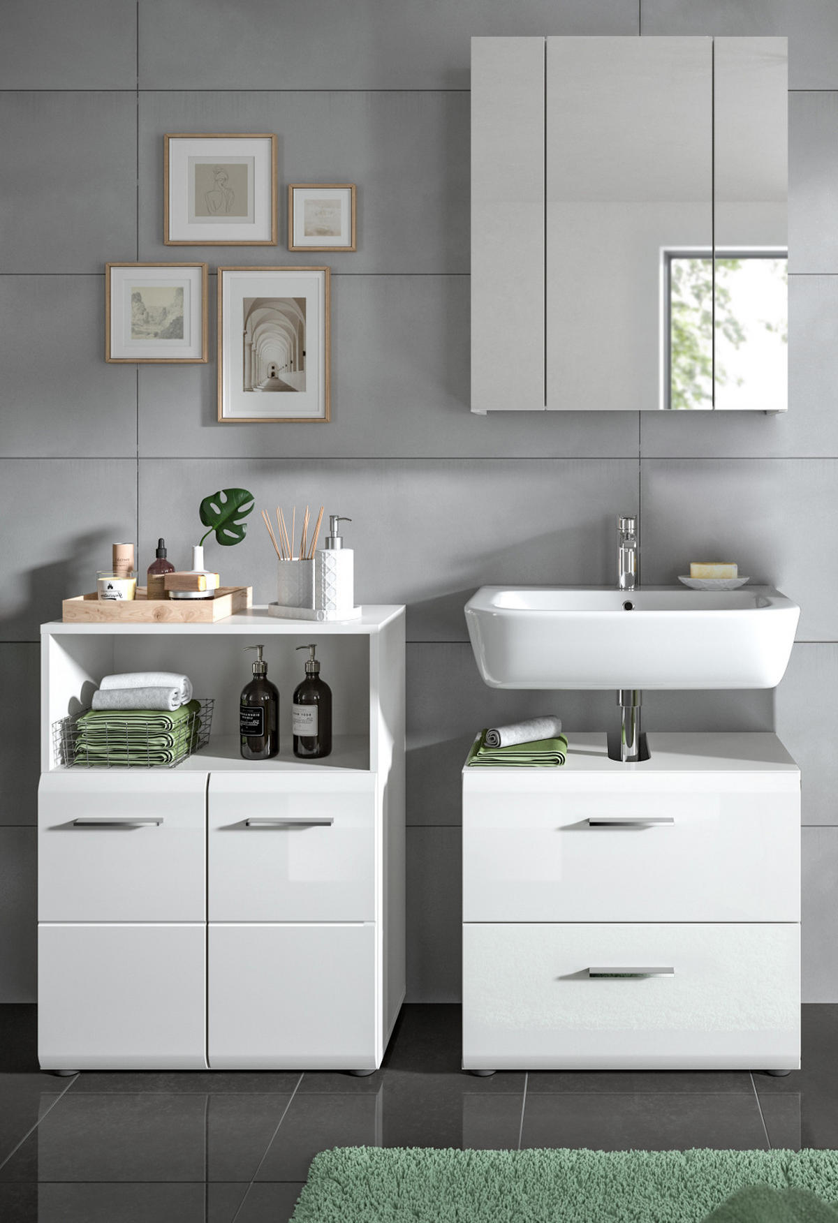 BADMÖBEL-SET weiß Hochglanz 3-teilig 135 cm, Badmöbel mit viel Stauraum - Weiß Hochglanz/Silberfarben, Glas/Holzwerkstoff (135/185/30cm) - Inn.Furn