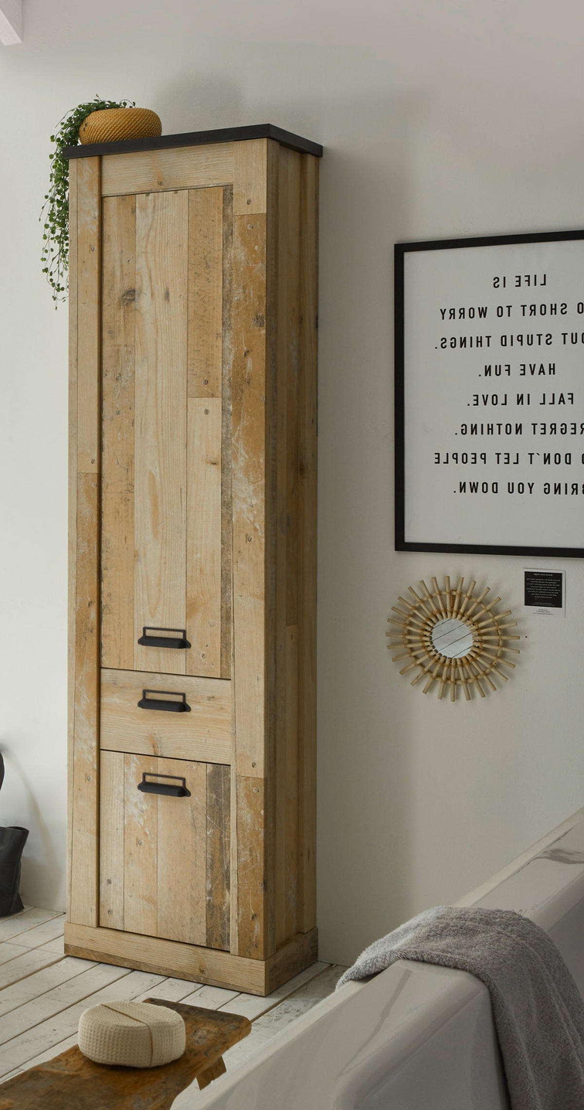 BADMÖBEL-SET Used Wood hell, anthrazit, Doppelwaschtisch mit Waschbecken LED Spiegellampe Stove - Eichefarben/Anthrazit, Holzwerkstoff/Metall (235/210/43cm) - Furn.Design