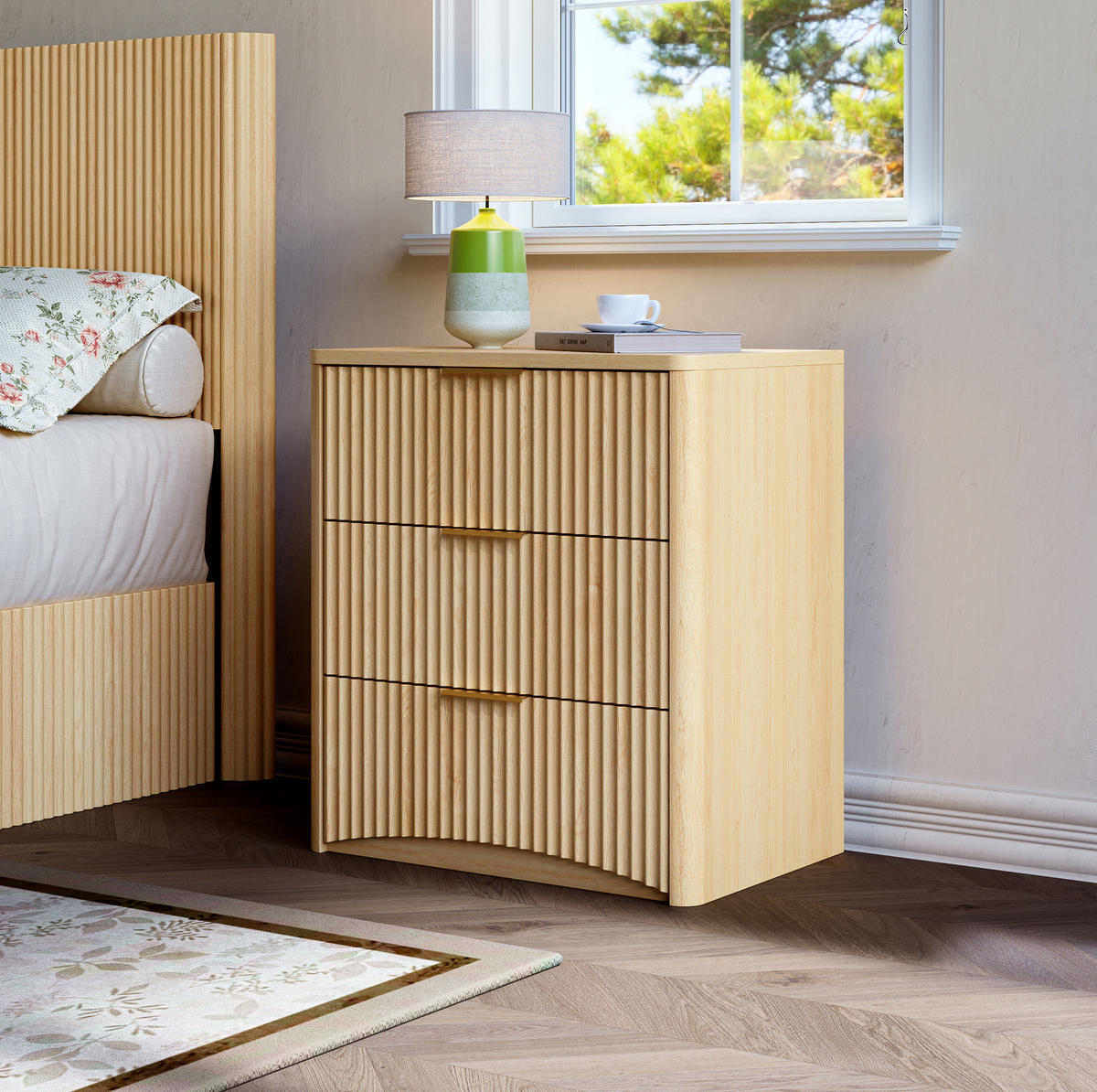 NACHTTISCH 58/38/64 cm in Eiche mit 3 Schubladen und Rillendesign - Braun, Holzwerkstoff (38/64/58cm) - Flora Grace