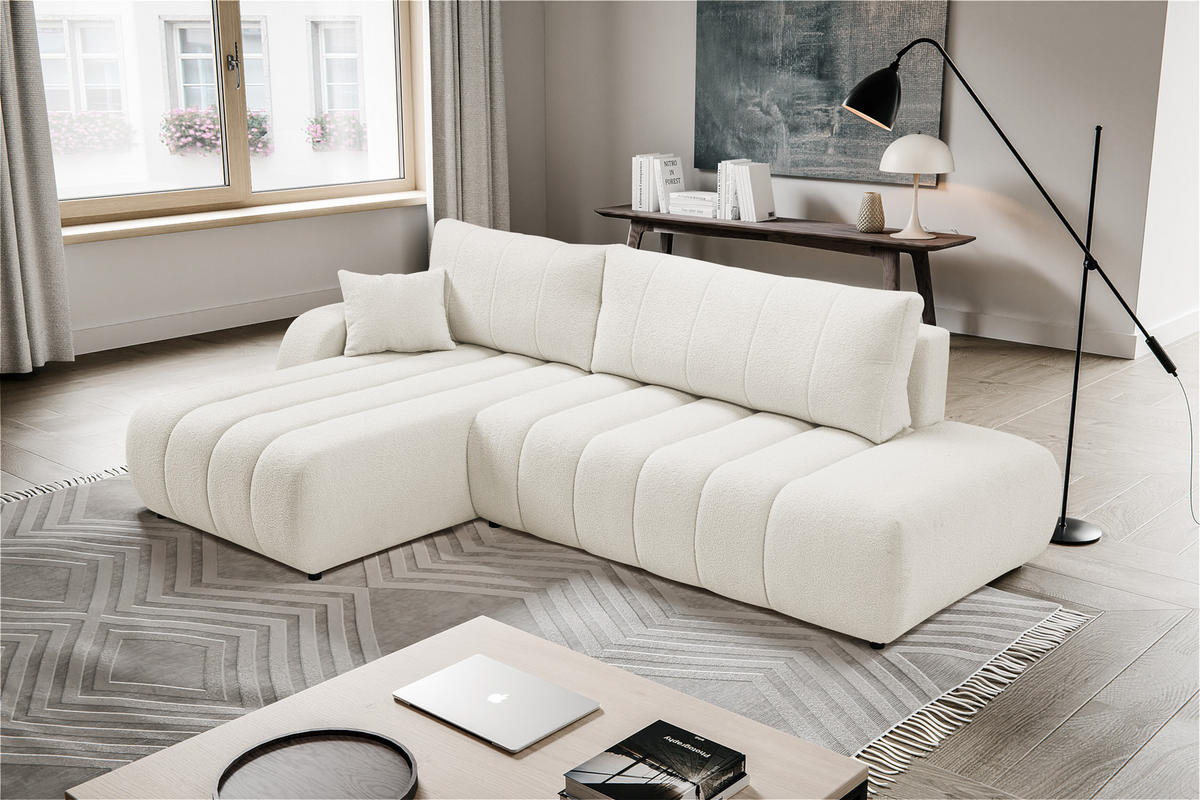 ECKSOFA Baloo mit Schlaffunktion und Bettkasten, komfortable Polsterung, Stoffbezug, lose Rückenkissen, freistehend, LINKS, 176x276x88 cm, White - Weiß, Holz/Textil (176/276cm) - DomoHome