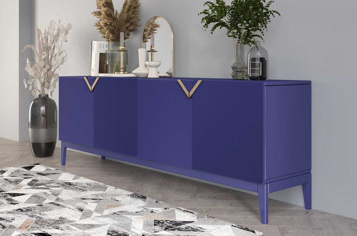 SIDEBOARD Demi Long, Marinblau-Gold, Mit Gefrästen Fronten, Massive Buche - Dunkelblau, Holz/Holzwerkstoff (201.5/70/42cm) - Visby