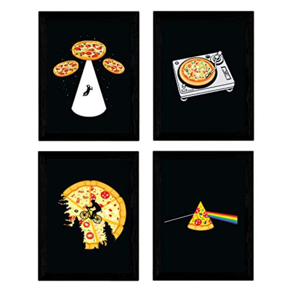 POSTER Set mit 4 beginnt Pizza (rosa Floder, ET, DJ und Aliens) A3 Schwarzer Rahmen - Schwarz, Papier (29.7/3cm) - Nacnic