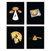 POSTER Set mit 4 beginnt Pizza (rosa Floder, ET, DJ und Aliens) A3 Schwarzer Rahmen - Schwarz, Papier (29.7/3cm) - Nacnic