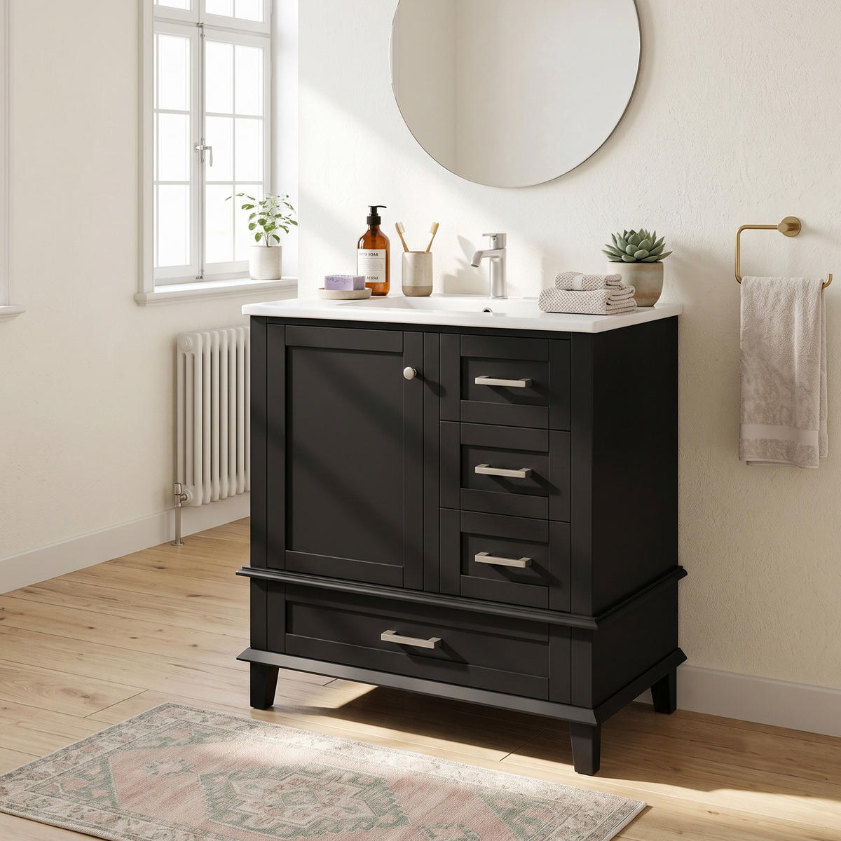 WASCHTISCH Schwarz Freistehend mit Keramikbecken & 3 Schubladen - Schwarz, Holzwerkstoff (76/83.5/45.5cm) - Urban Meuble