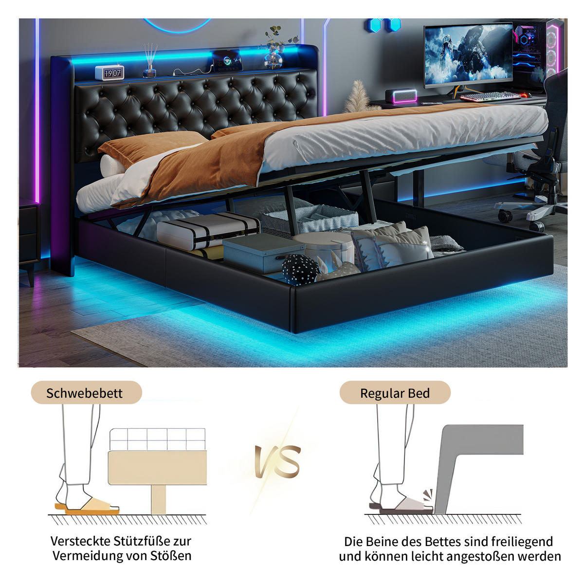 POLSTERBETT 160x200 cm Schwarz PU LED USB Stauraum - Schwarz, Metall (160/200cm) - SHOPENTRA