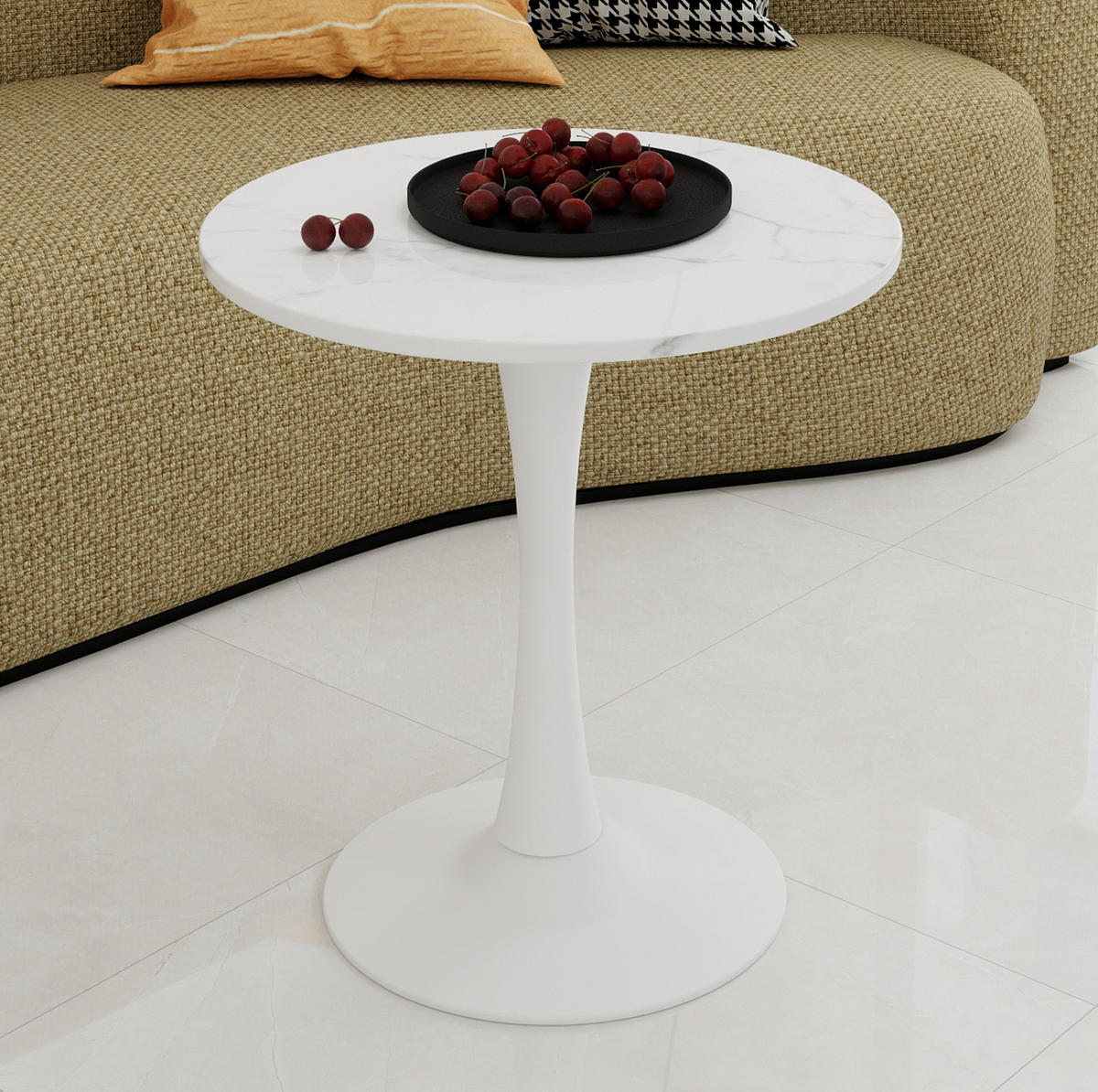 COUCHTISCH 70,1 cm rund im minimalistischen Design mit Tischplatte in Marmoroptik, Weiß - Weiß, Stein (70/70/72cm) - Modfu